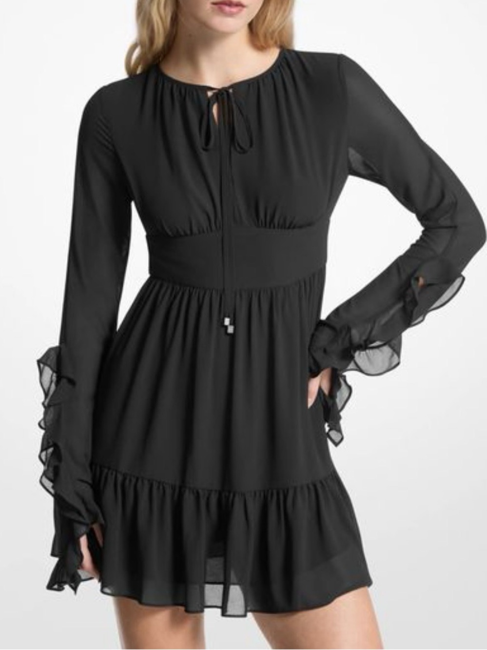 Michael Kors Ruffled Georgette Long-Sleeve Dress, Size M